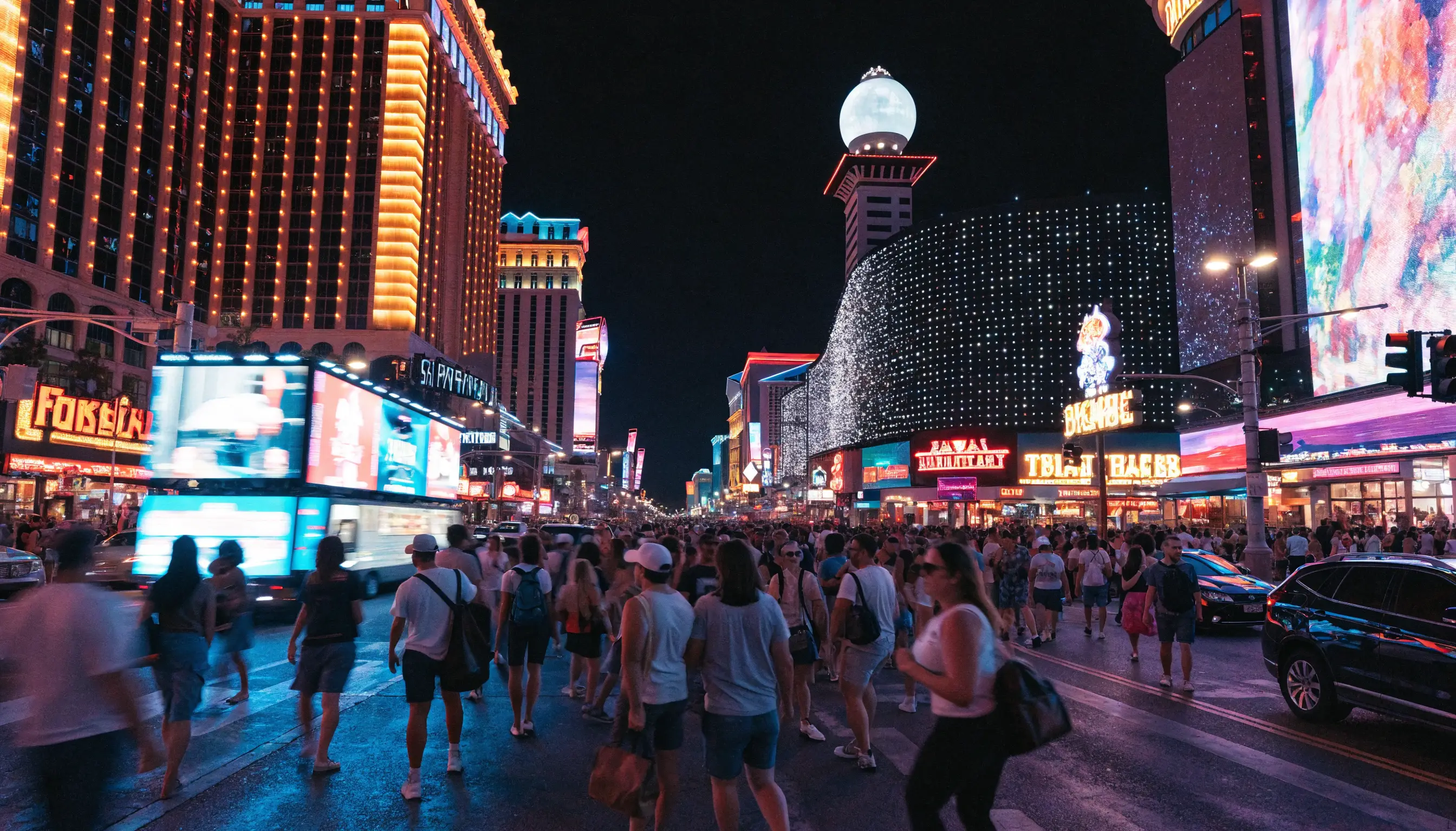 Crowds walking the Las Vegas Strip at night under bright neon lights with a mobile LED billboard truck passing by