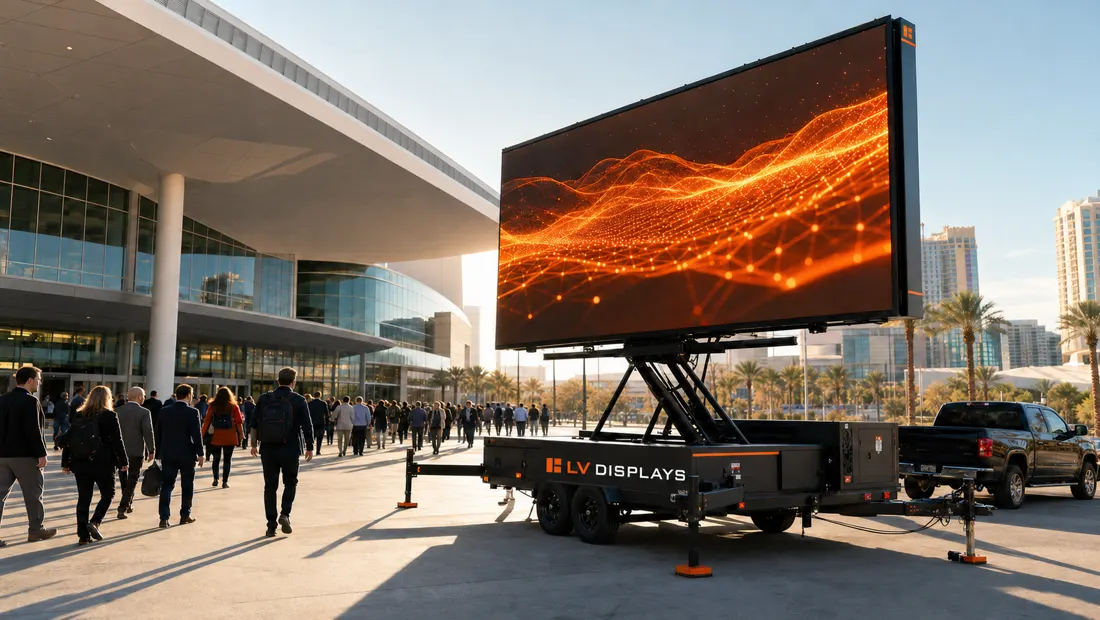 An LED billboard trailer raised on a scissor lift outside a glass convention centre in direct midday sun, hitched to a pickup truck, delegates in suits walking past.