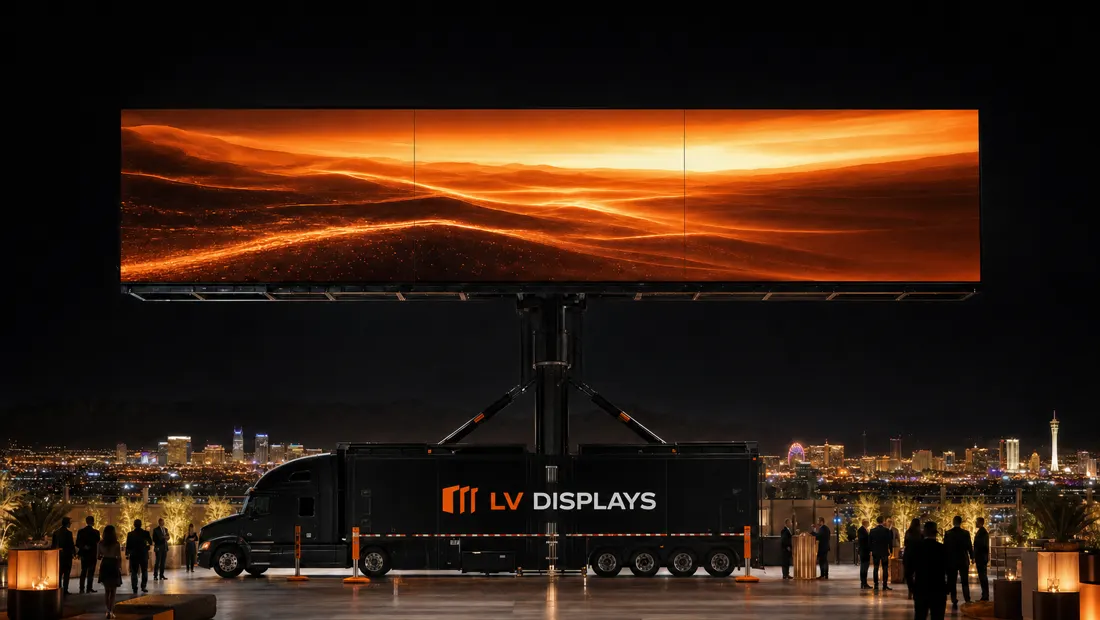 A wide LED billboard raised on a mast above a black semi-truck on a rooftop event deck at night, guests below and the Las Vegas skyline behind.