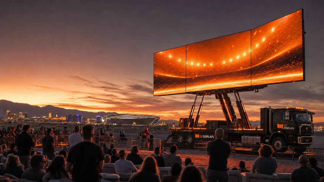 A tri-fold LED billboard raised on hydraulic legs off a heavy truck at sunset, a seated crowd in front and the Las Vegas skyline and stadium behind.