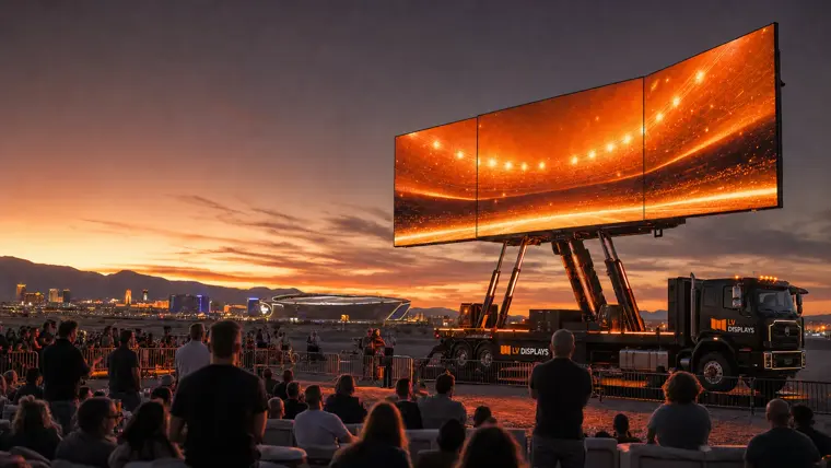 A tri-fold LED billboard raised on hydraulic legs off a heavy truck at sunset with a seated crowd in front