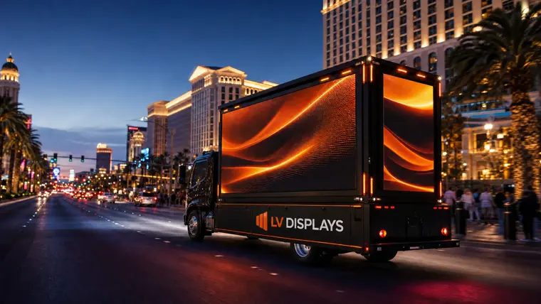 An LED billboard truck driving the Las Vegas Strip past Caesars Palace at dusk with its side and rear screens lit