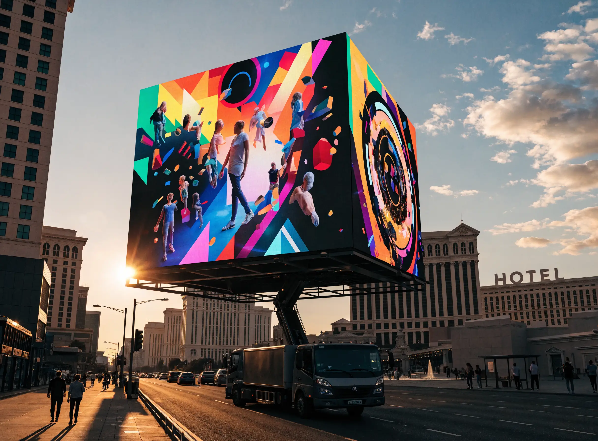 LVN Tri-Fold LED truck with its hydraulic lift raised on the Las Vegas Strip, three seamless 4K panels showing a vibrant advertisement